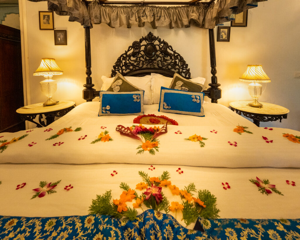 Floral decorations on bed